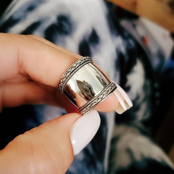 Concave Ring, Bali Sterling Silver Ring - Braided Wide Band Ring, Statement - Picture 6 of 9